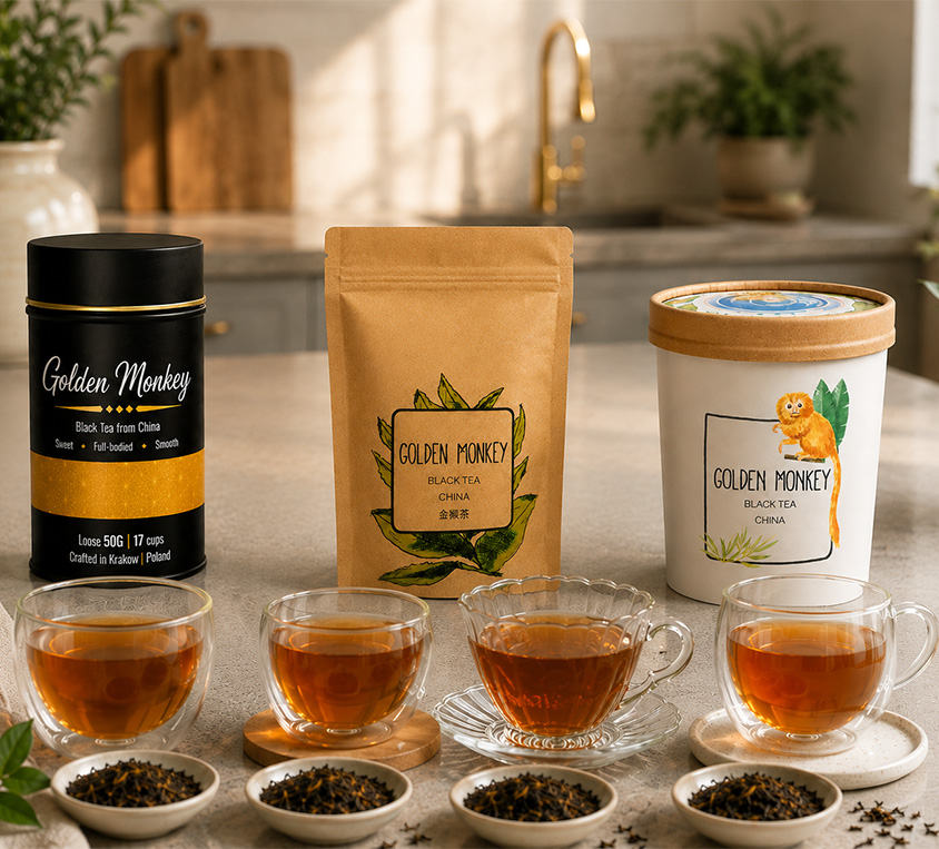 Golden Monkey Leo Tea – elegancka puszka, doypack i kubek prezentowy